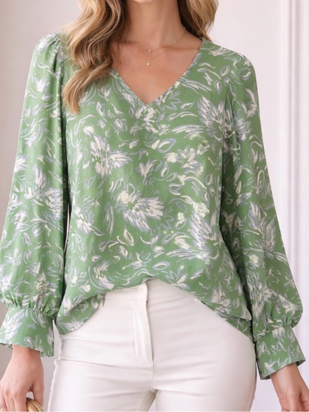 Michelle McDowell Green Floral Long Sleeve Blouse M